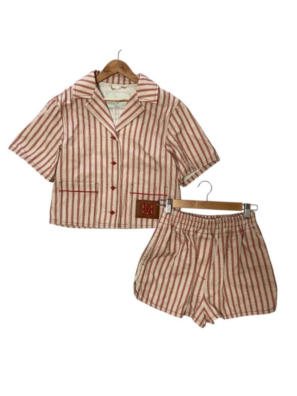 Fendi FF Logo Patch Striped Shirt Jacket Shorts Set Red Beige Set Spring 36